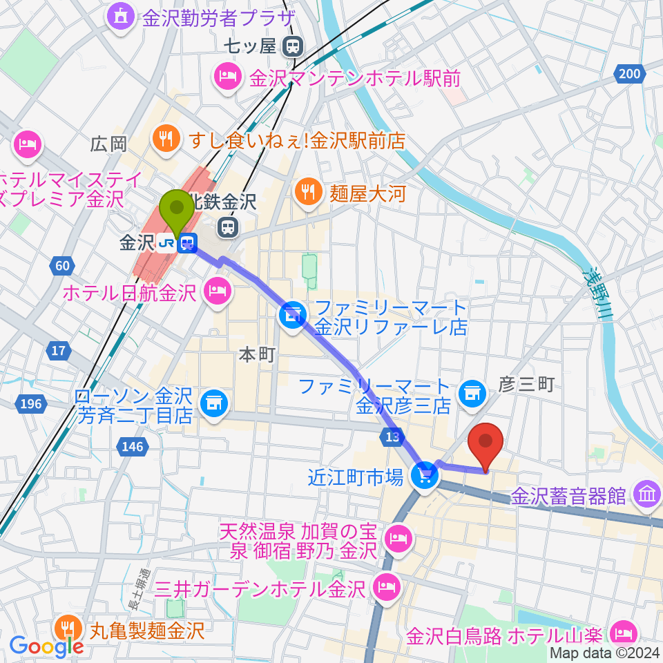 レコード・ジャングルの最寄駅金沢駅からの徒歩ルート（約18分）地図