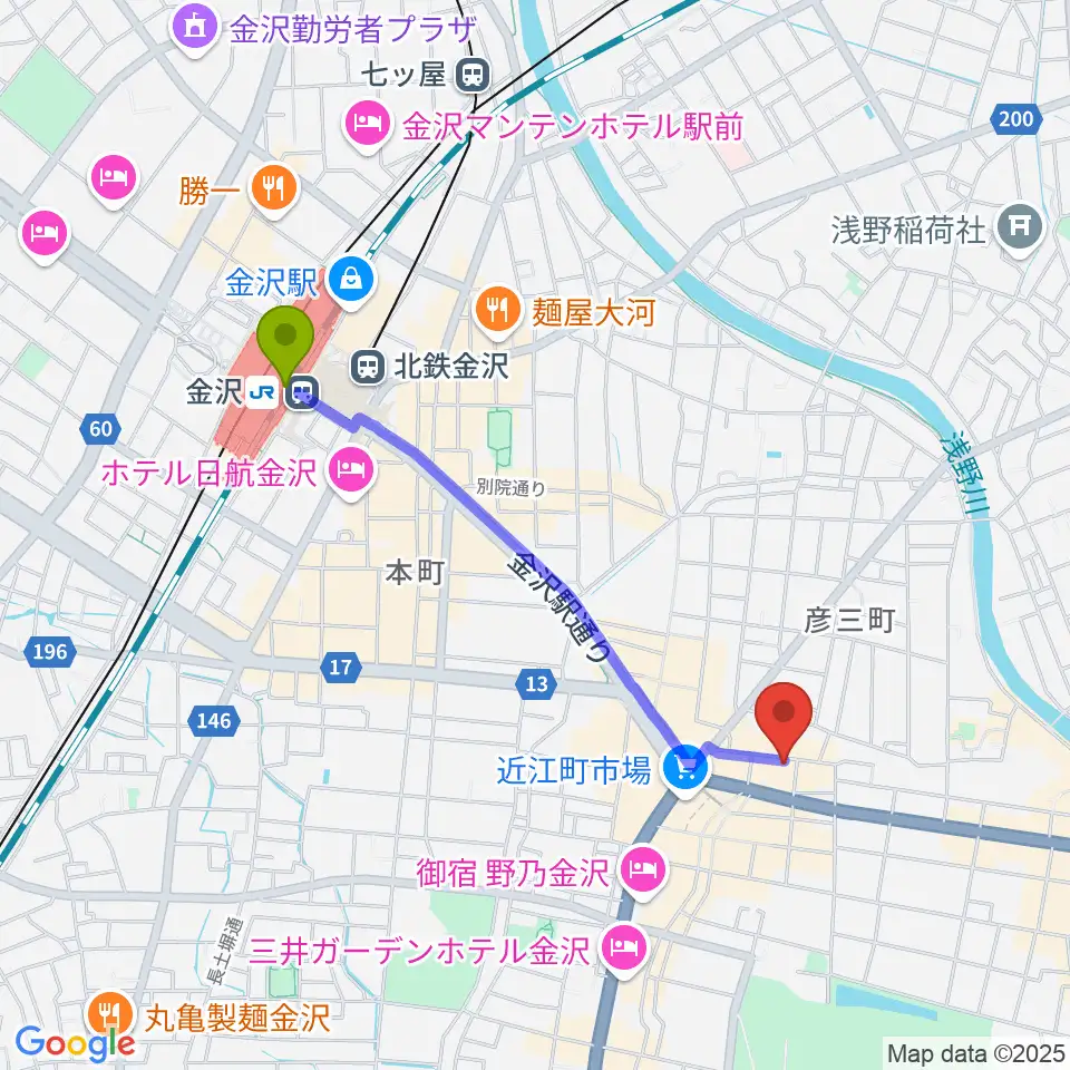レコード・ジャングルの最寄駅金沢駅からの徒歩ルート（約18分）地図
