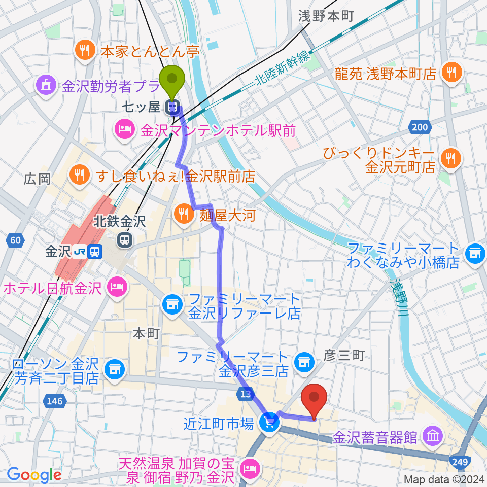 七ツ屋駅からレコード・ジャングルへのルートマップ地図