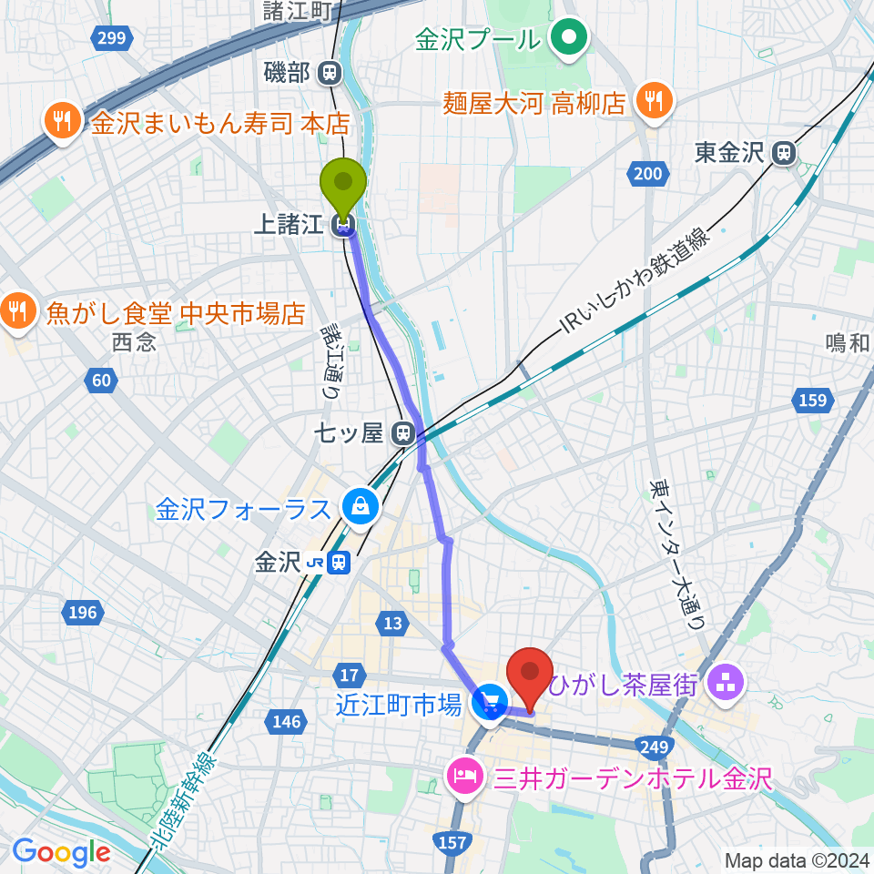 上諸江駅からレコード・ジャングルへのルートマップ地図