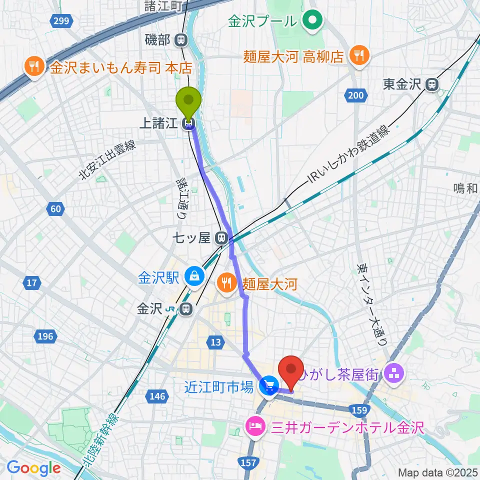 上諸江駅からレコード・ジャングルへのルートマップ地図