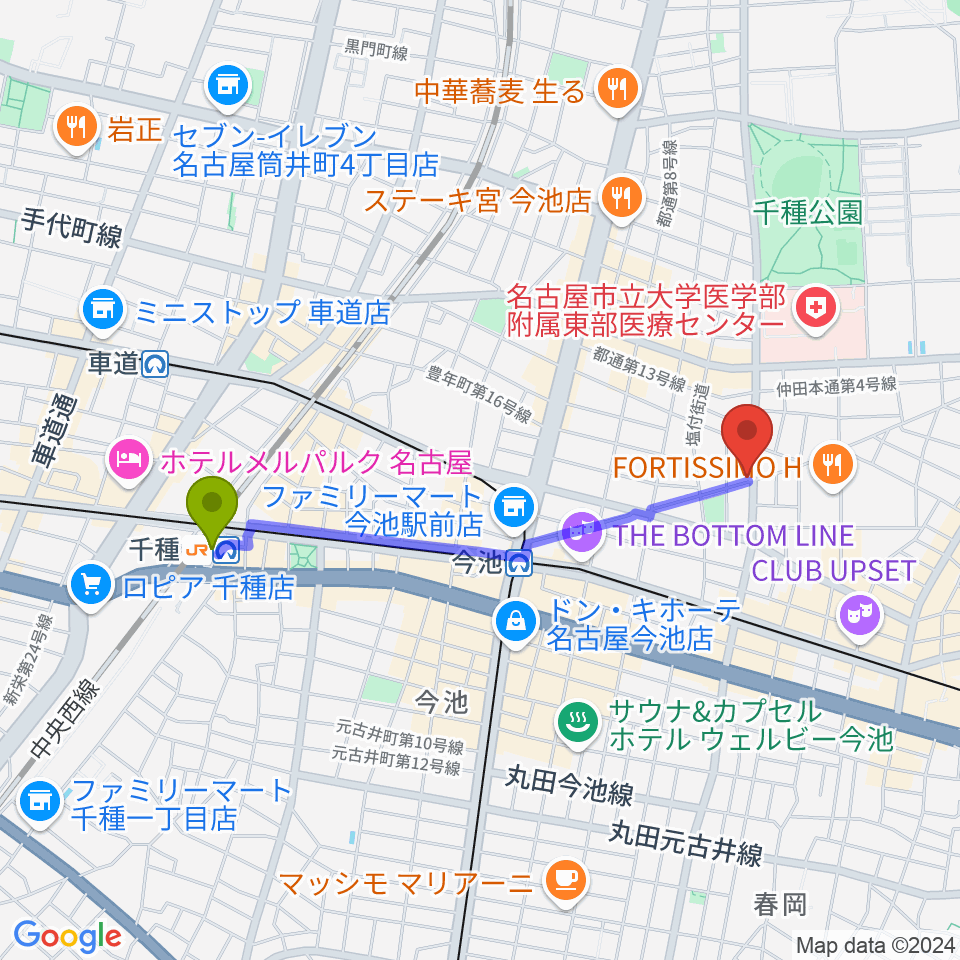 千種駅からナイトカフェ弾き語りへのルートマップ地図