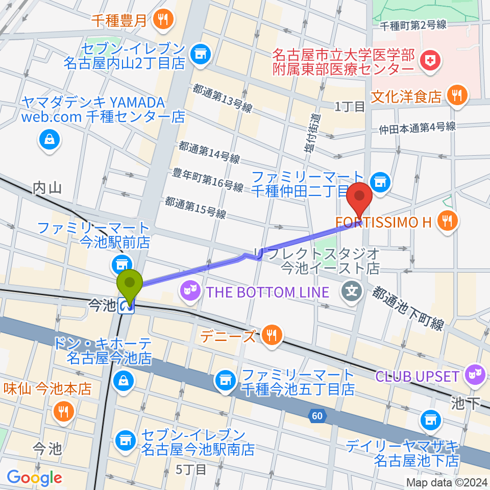 ナイトカフェ弾き語りの最寄駅今池駅からの徒歩ルート（約8分）地図