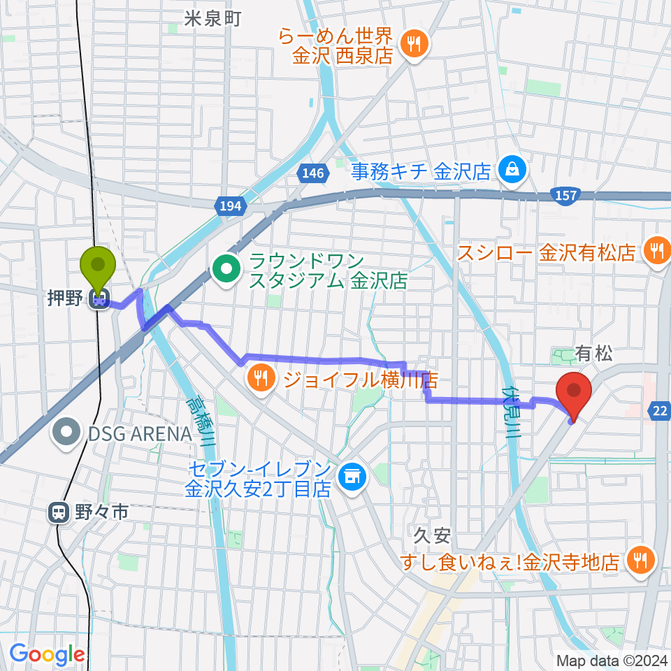 エブリデイ・レコードの最寄駅押野駅からの徒歩ルート（約23分）地図