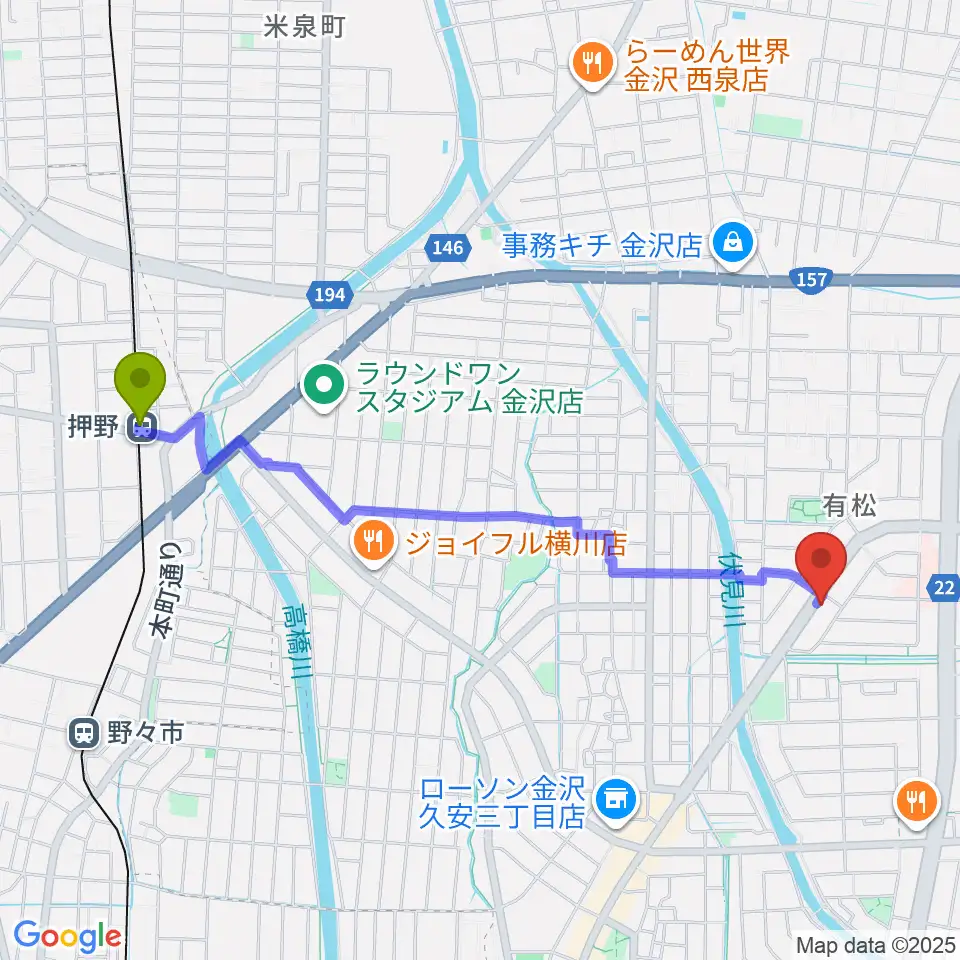 エブリデイ・レコードの最寄駅押野駅からの徒歩ルート（約23分）地図