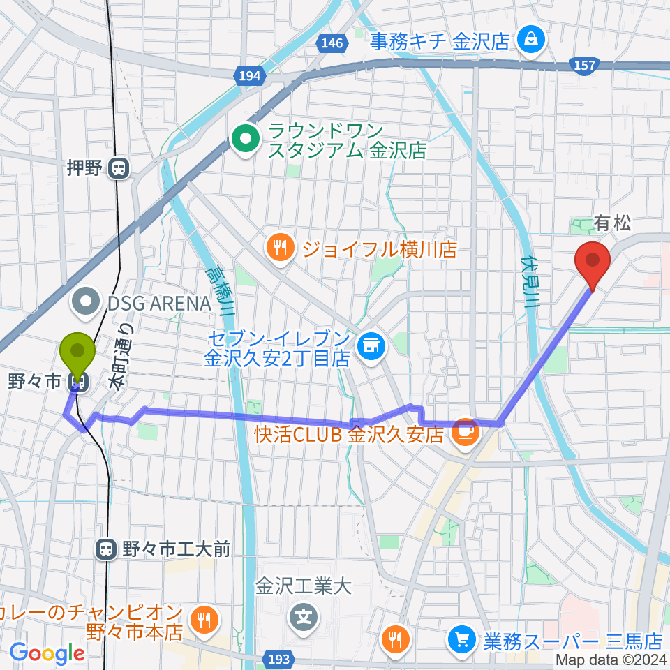 野々市駅からエブリデイ・レコードへのルートマップ地図