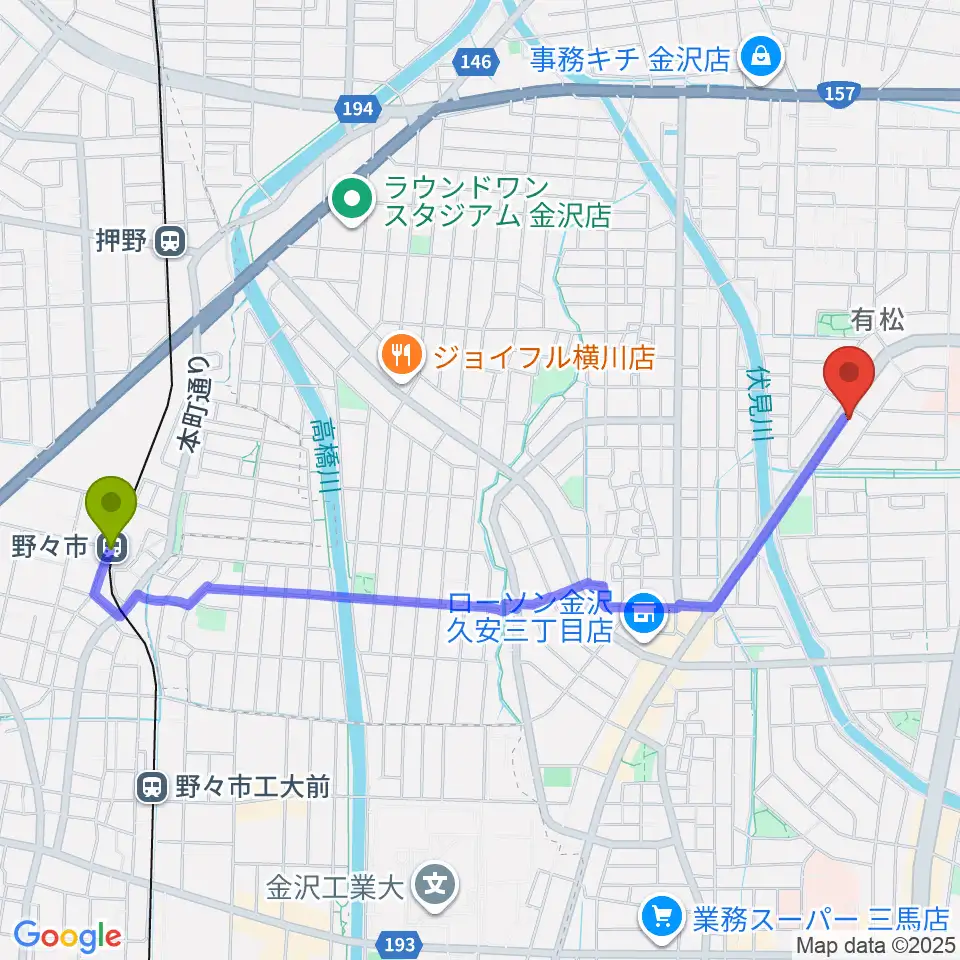 野々市駅からエブリデイ・レコードへのルートマップ地図