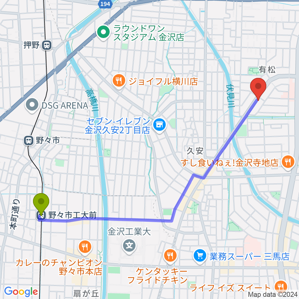 野々市工大前駅からエブリデイ・レコードへのルートマップ地図