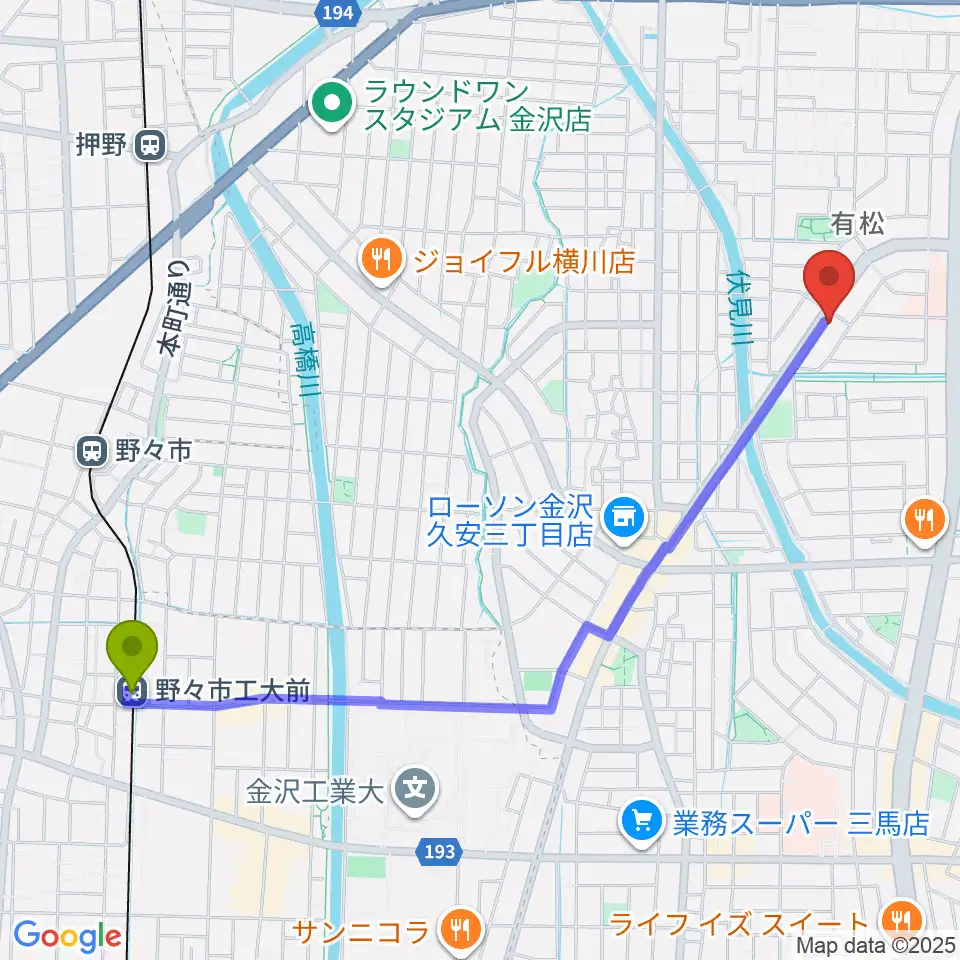 野々市工大前駅からエブリデイ・レコードへのルートマップ地図