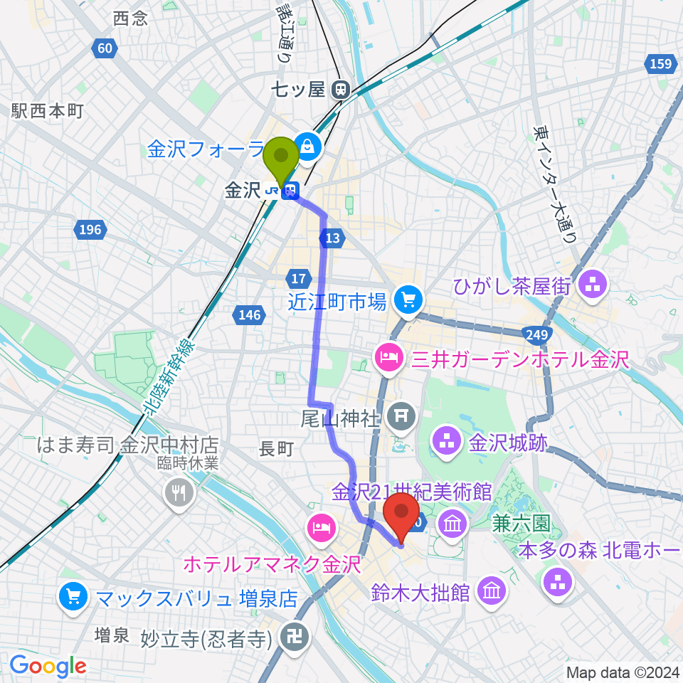 金沢駅からレコード・ビーチパーティへのルートマップ地図