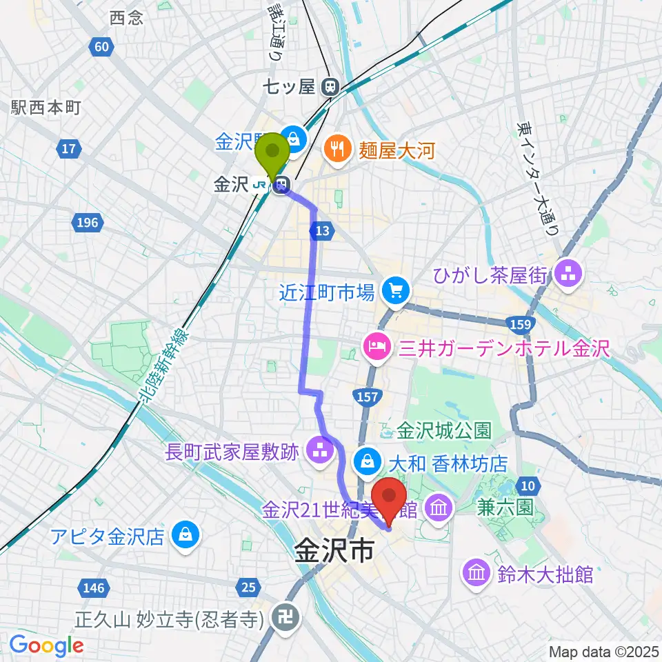 金沢駅からレコード・ビーチパーティへのルートマップ地図
