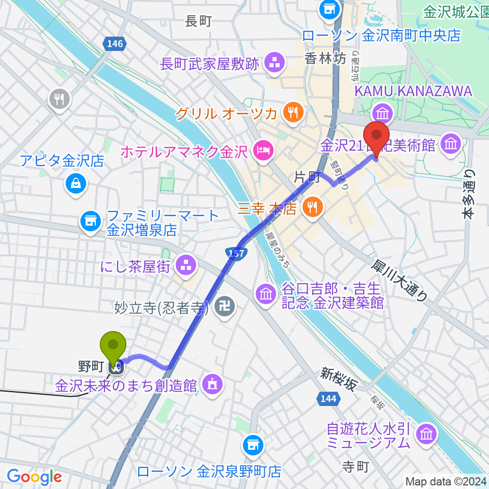 レコード・ビーチパーティの最寄駅野町駅からの徒歩ルート（約21分）地図