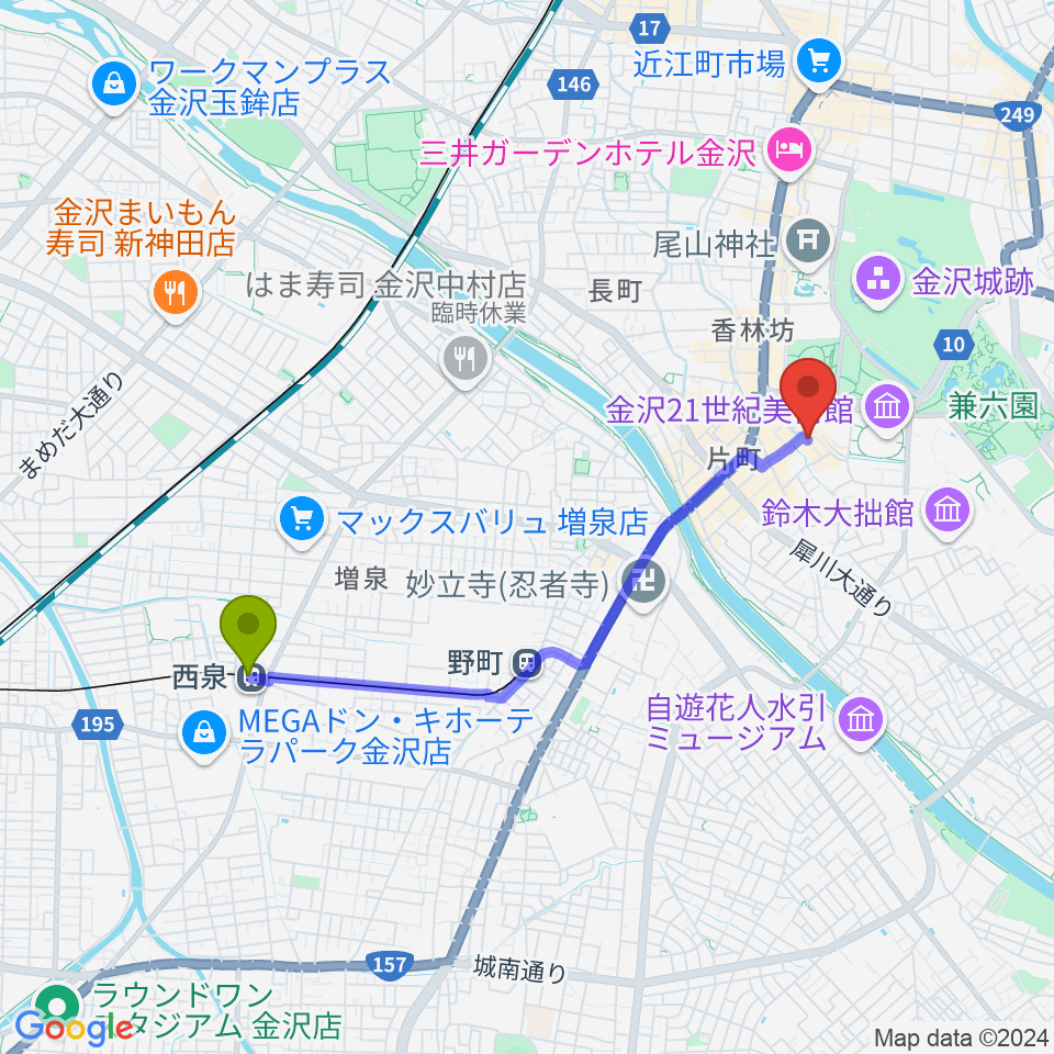 西泉駅からレコード・ビーチパーティへのルートマップ地図