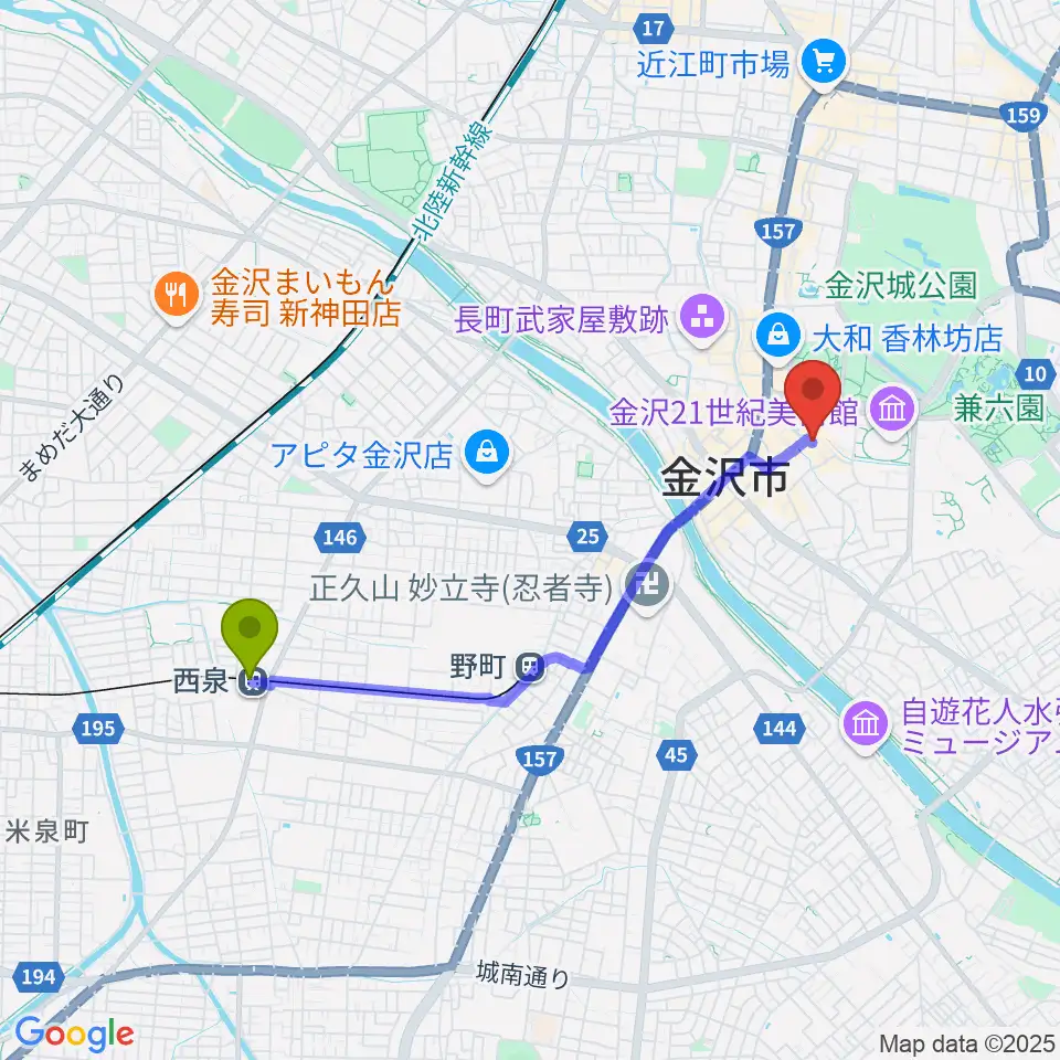 西泉駅からレコード・ビーチパーティへのルートマップ地図