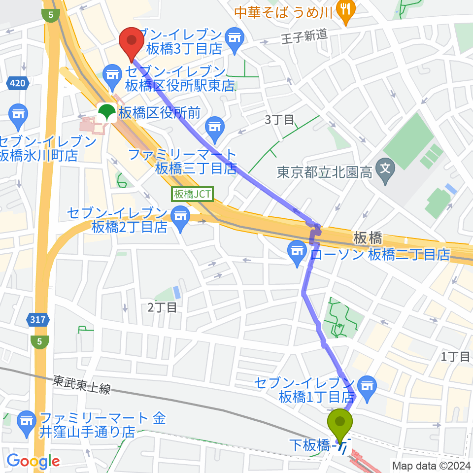 下板橋駅からドリームズカフェへのルートマップ地図