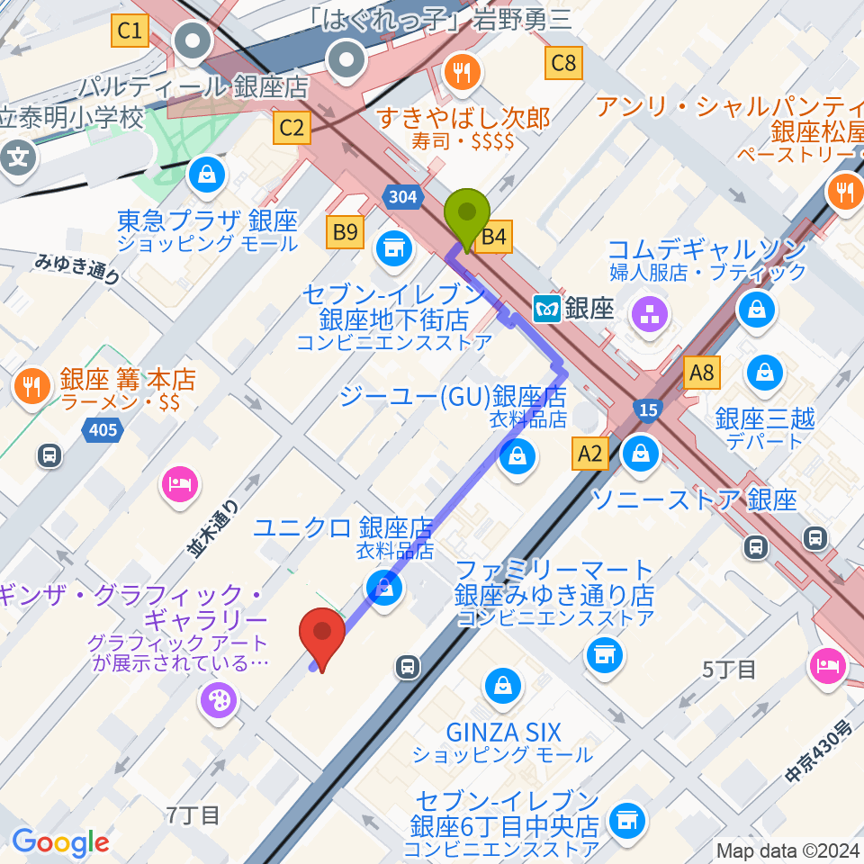 銀座タクトの最寄駅銀座駅からの徒歩ルート（約4分）地図