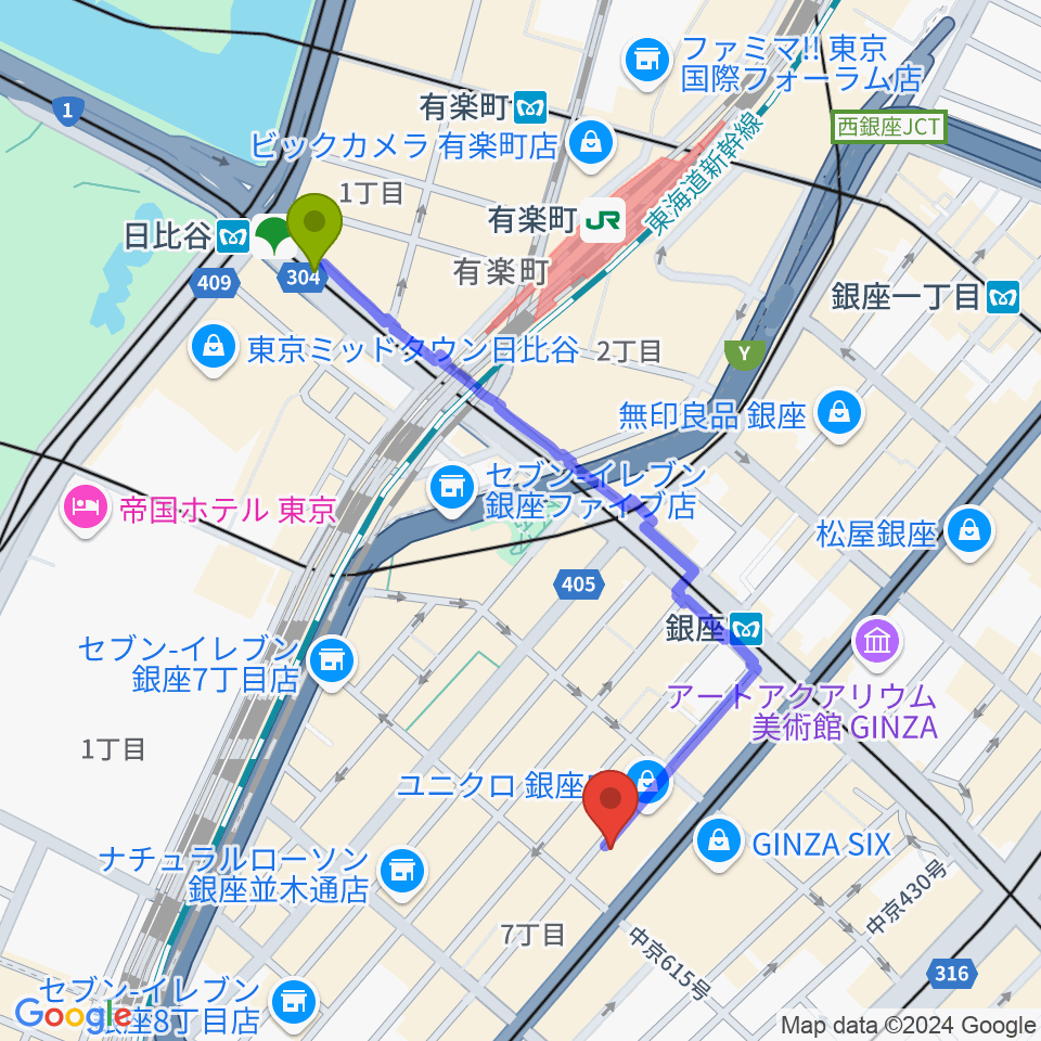 日比谷駅から銀座タクトへのルートマップ地図