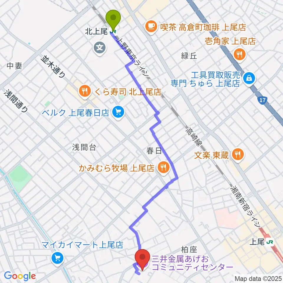 北上尾駅から三井金属あげおコミュニティセンターへのルートマップ地図