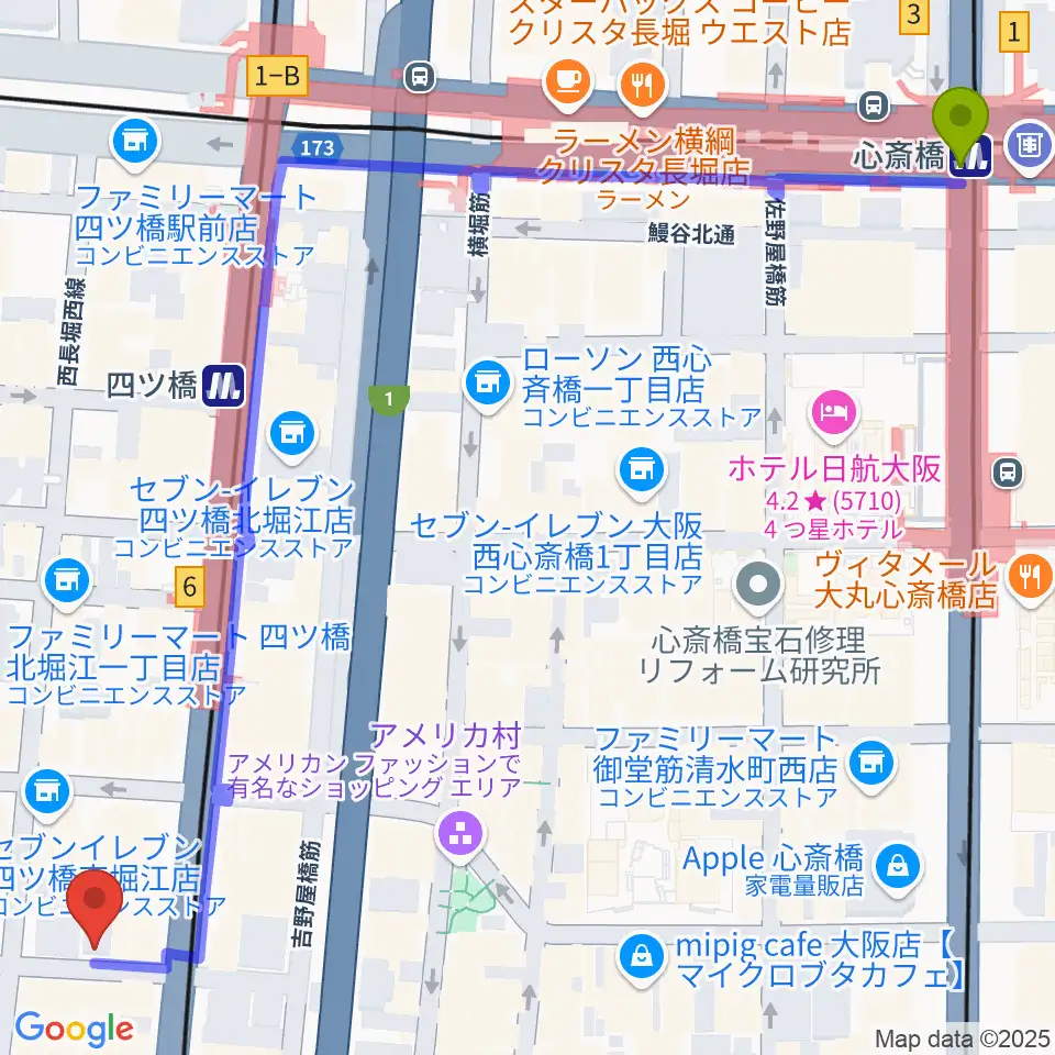 心斎橋駅からFLAKE RECORDSへのルートマップ地図