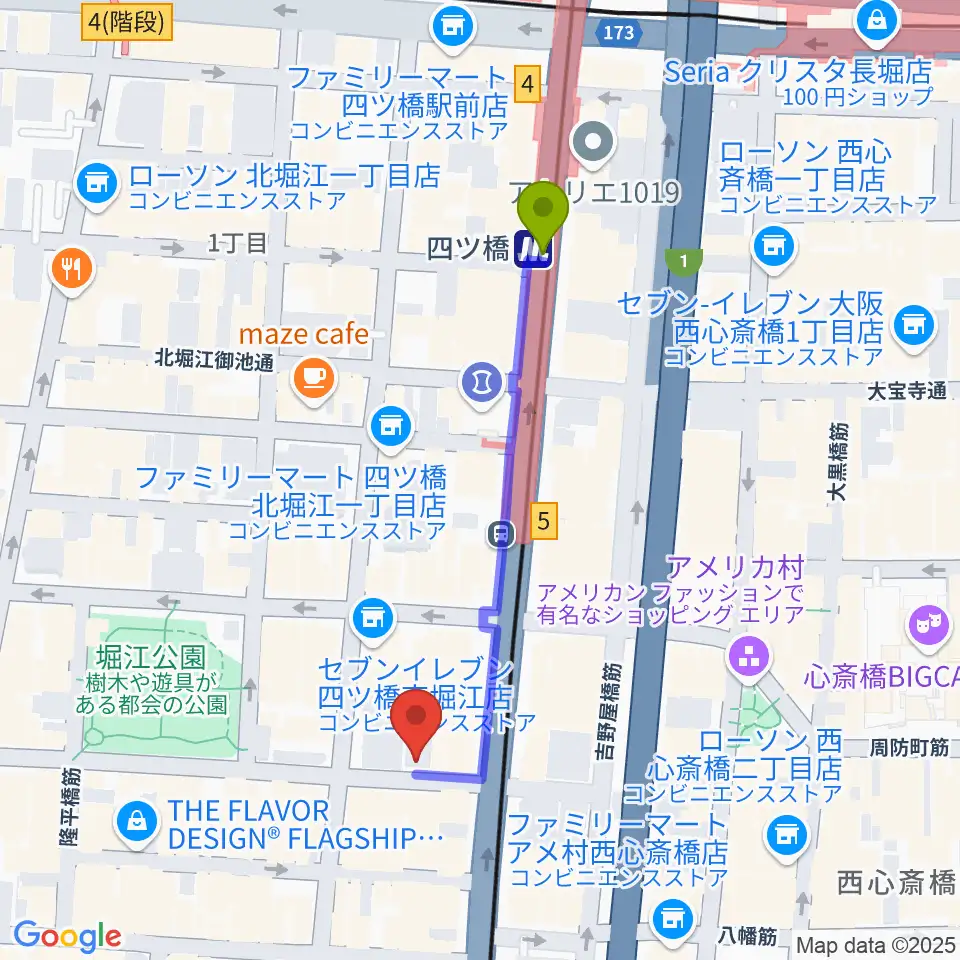 FLAKE RECORDSの最寄駅四ツ橋駅からの徒歩ルート（約4分）地図