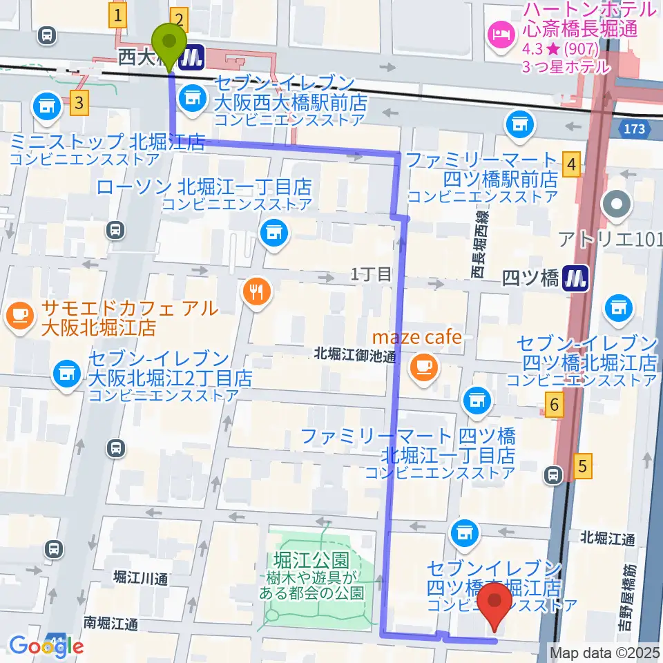 西大橋駅からFLAKE RECORDSへのルートマップ地図