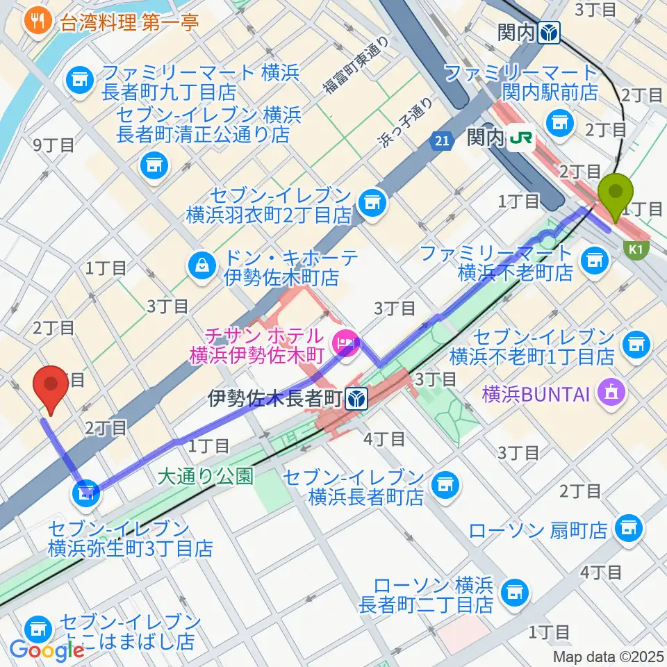 関内駅から伊勢佐木町CROSS STREETへのルートマップ地図