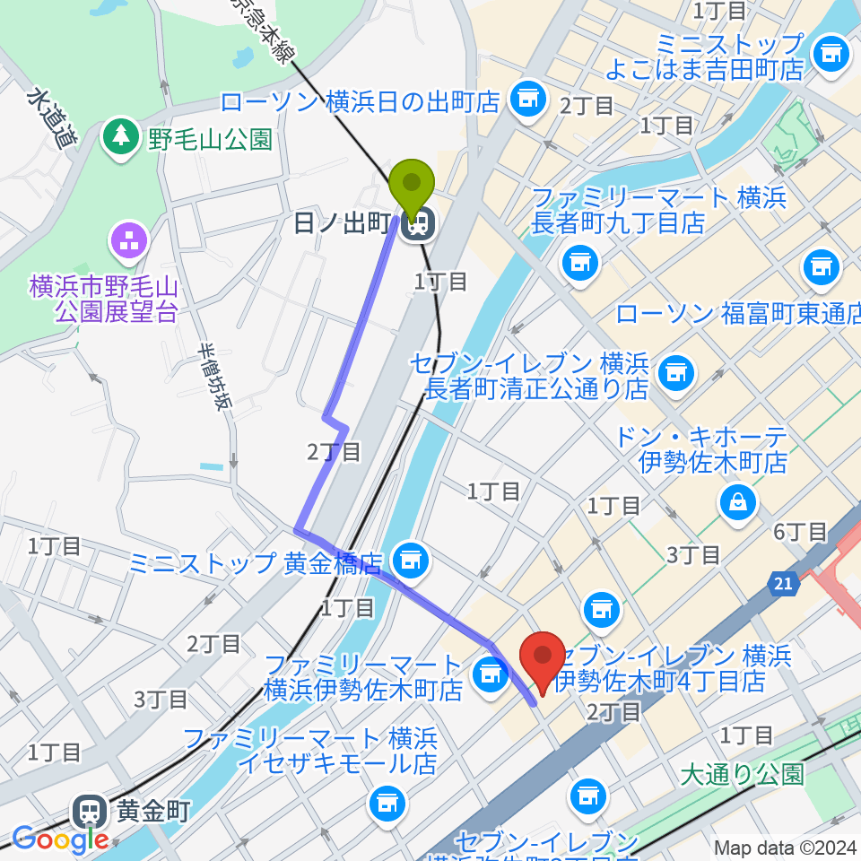 日ノ出町駅から伊勢佐木町CROSS STREETへのルートマップ地図