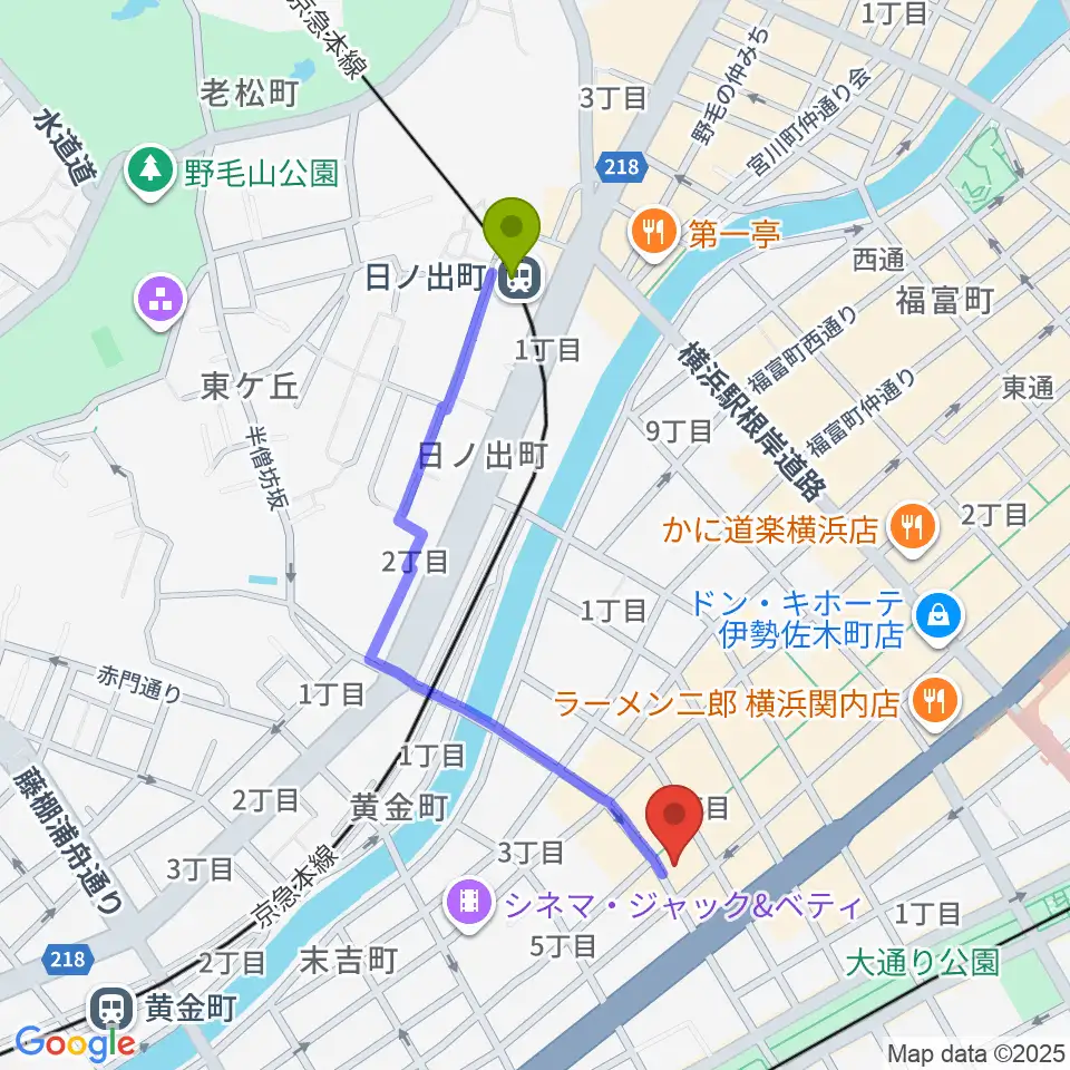 日ノ出町駅から伊勢佐木町CROSS STREETへのルートマップ地図