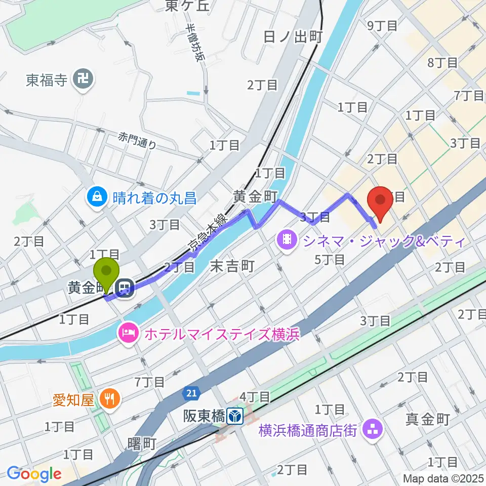 黄金町駅から伊勢佐木町CROSS STREETへのルートマップ地図