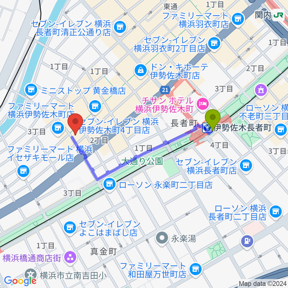 伊勢佐木町CROSS STREETの最寄駅伊勢佐木長者町駅からの徒歩ルート（約7分）地図