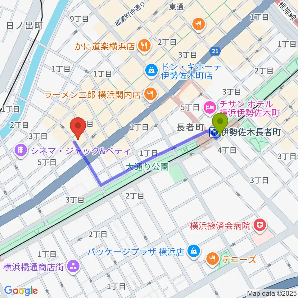 伊勢佐木町CROSS STREETの最寄駅伊勢佐木長者町駅からの徒歩ルート（約7分）地図