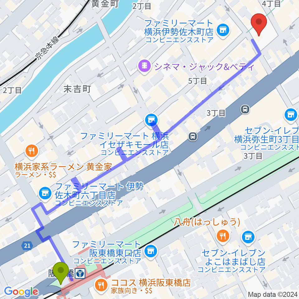 阪東橋駅から伊勢佐木町CROSS STREETへのルートマップ地図