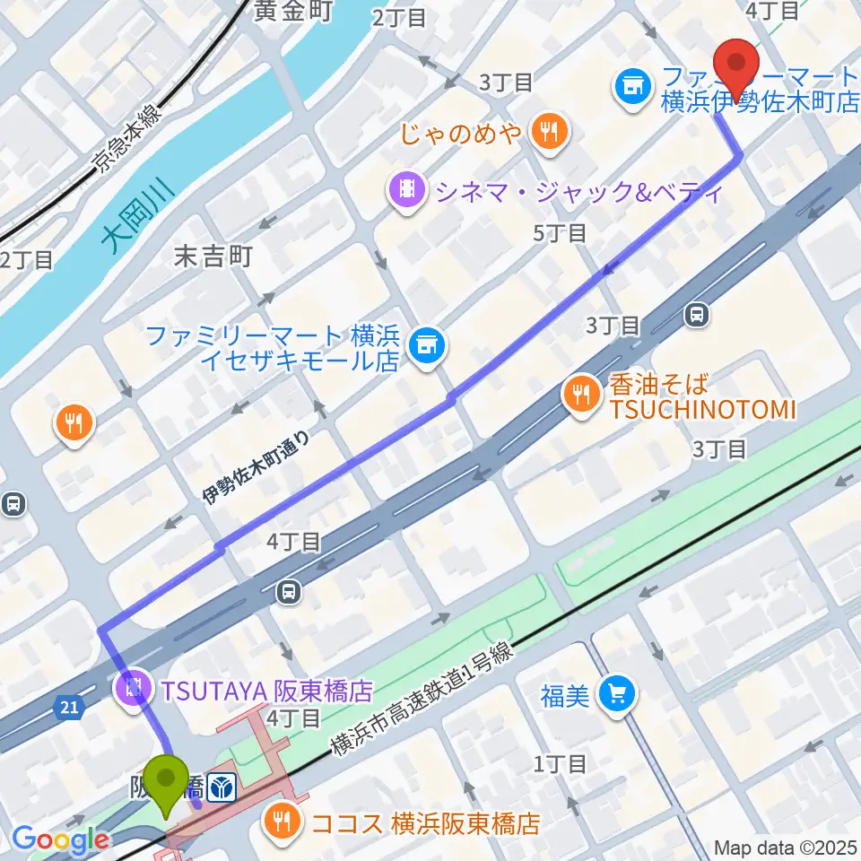 阪東橋駅から伊勢佐木町CROSS STREETへのルートマップ地図