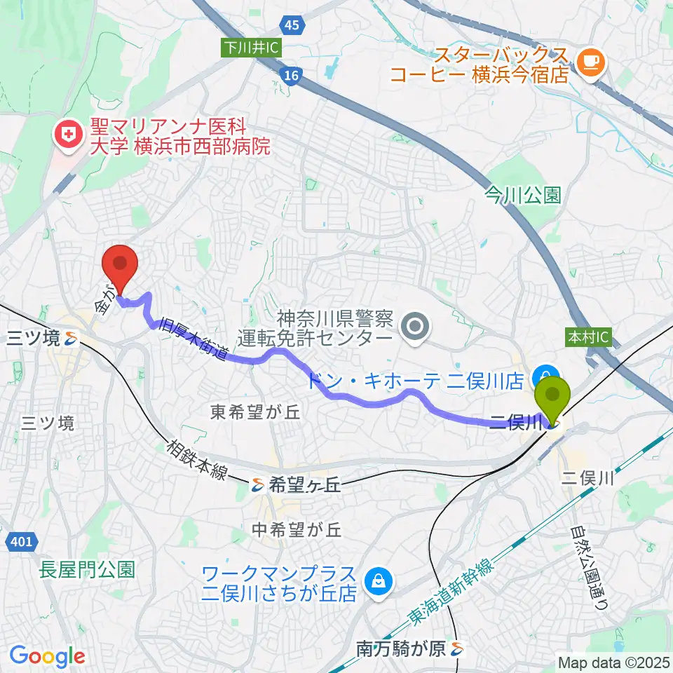 二俣川駅から笹野台音楽堂へのルートマップ地図