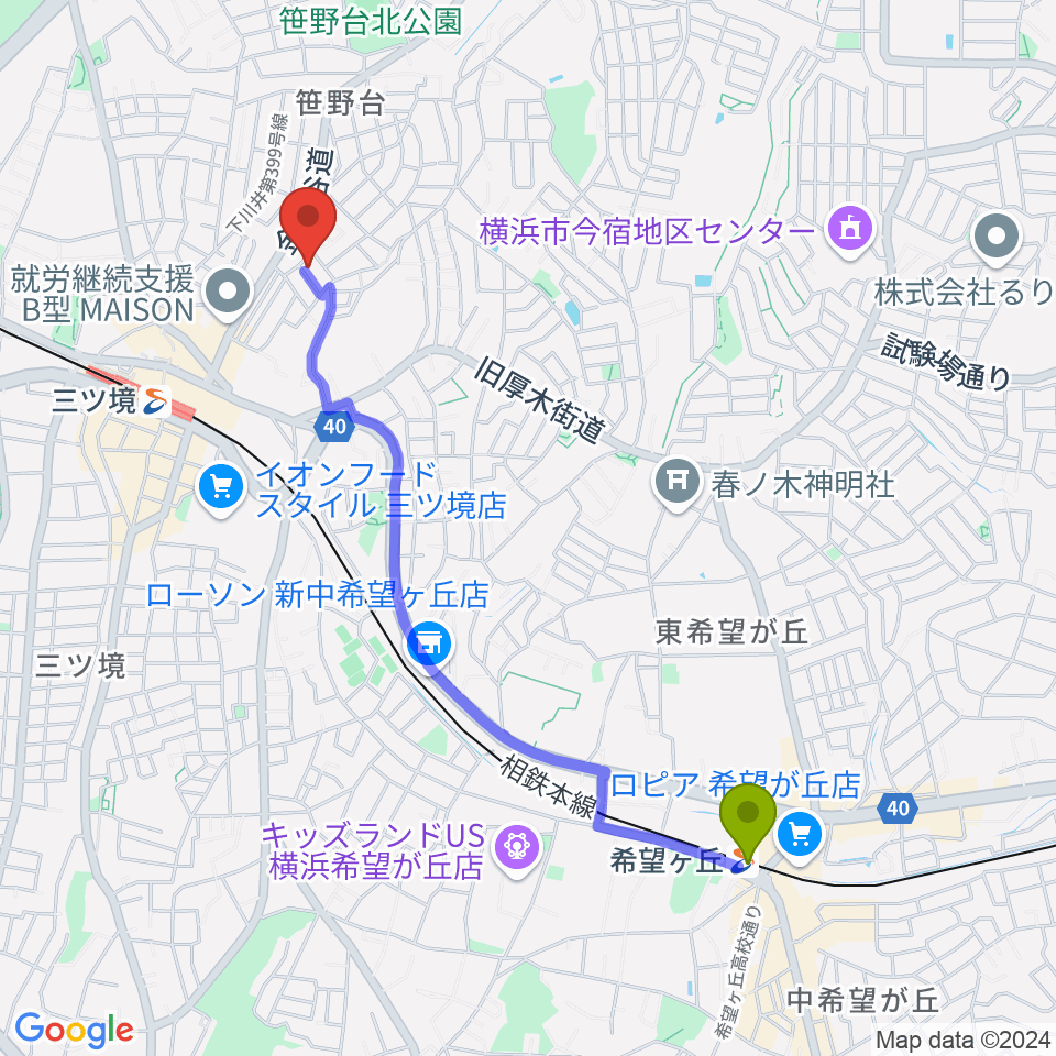 希望ヶ丘駅から笹野台音楽堂－金子ピアノ教室－へのルートマップ地図