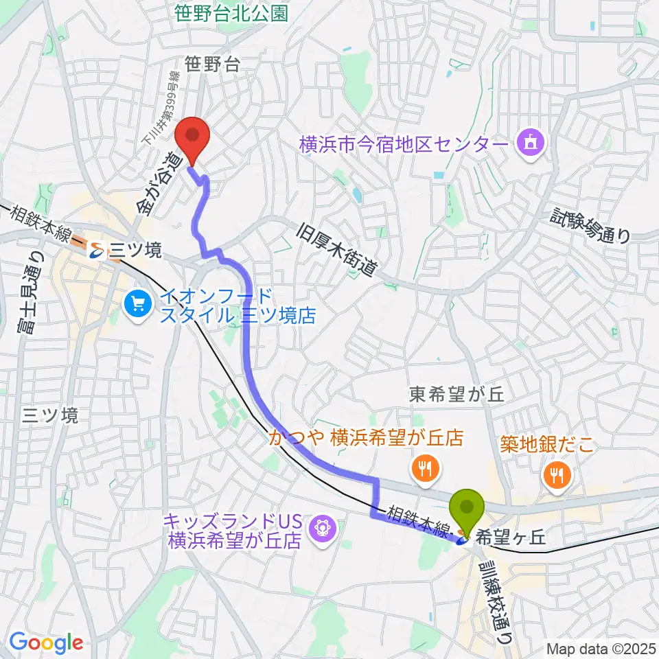 希望ヶ丘駅から笹野台音楽堂へのルートマップ地図