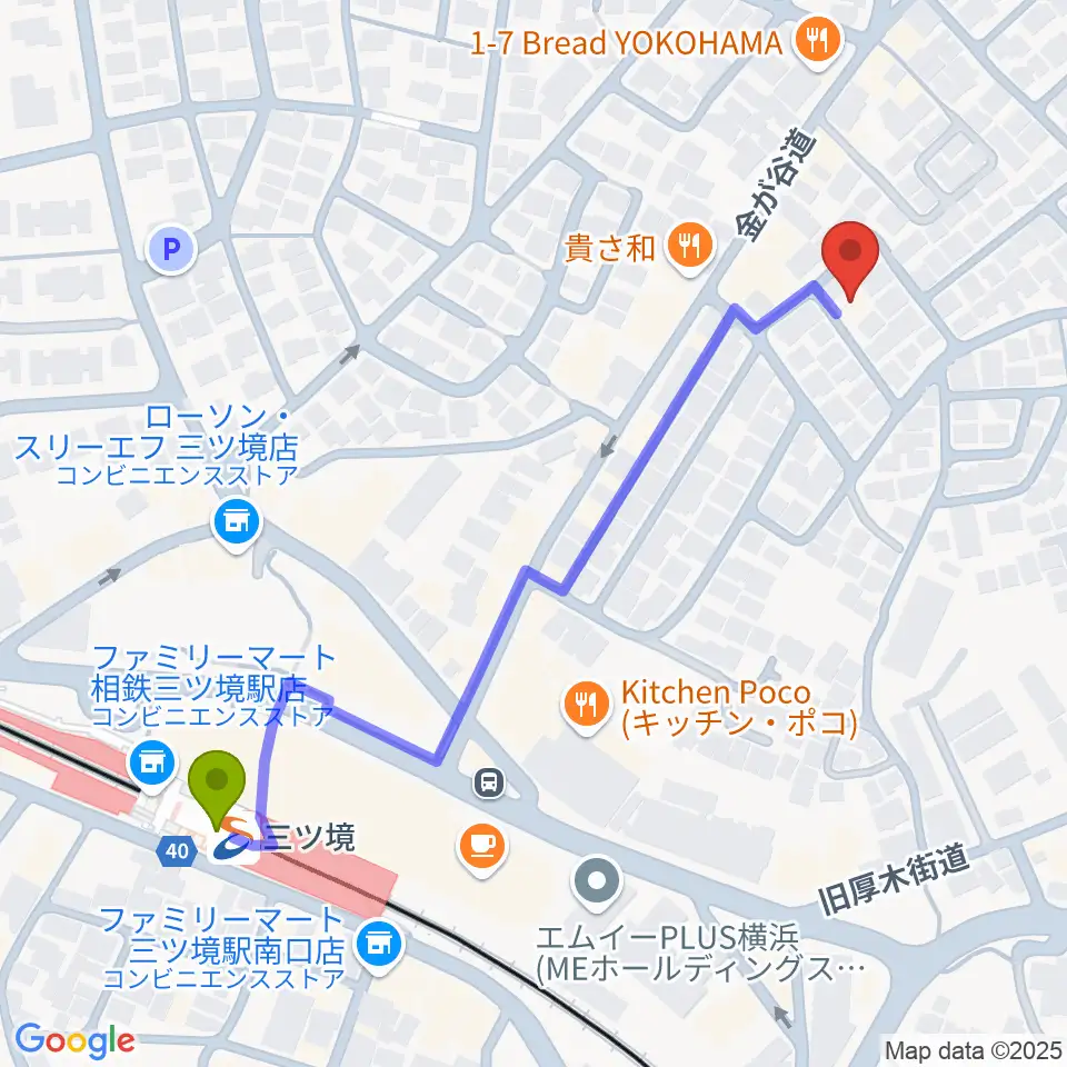 笹野台音楽堂の最寄駅三ツ境駅からの徒歩ルート（約6分）地図