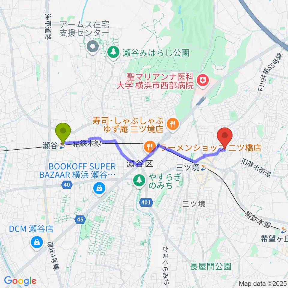 瀬谷駅から笹野台音楽堂へのルートマップ地図