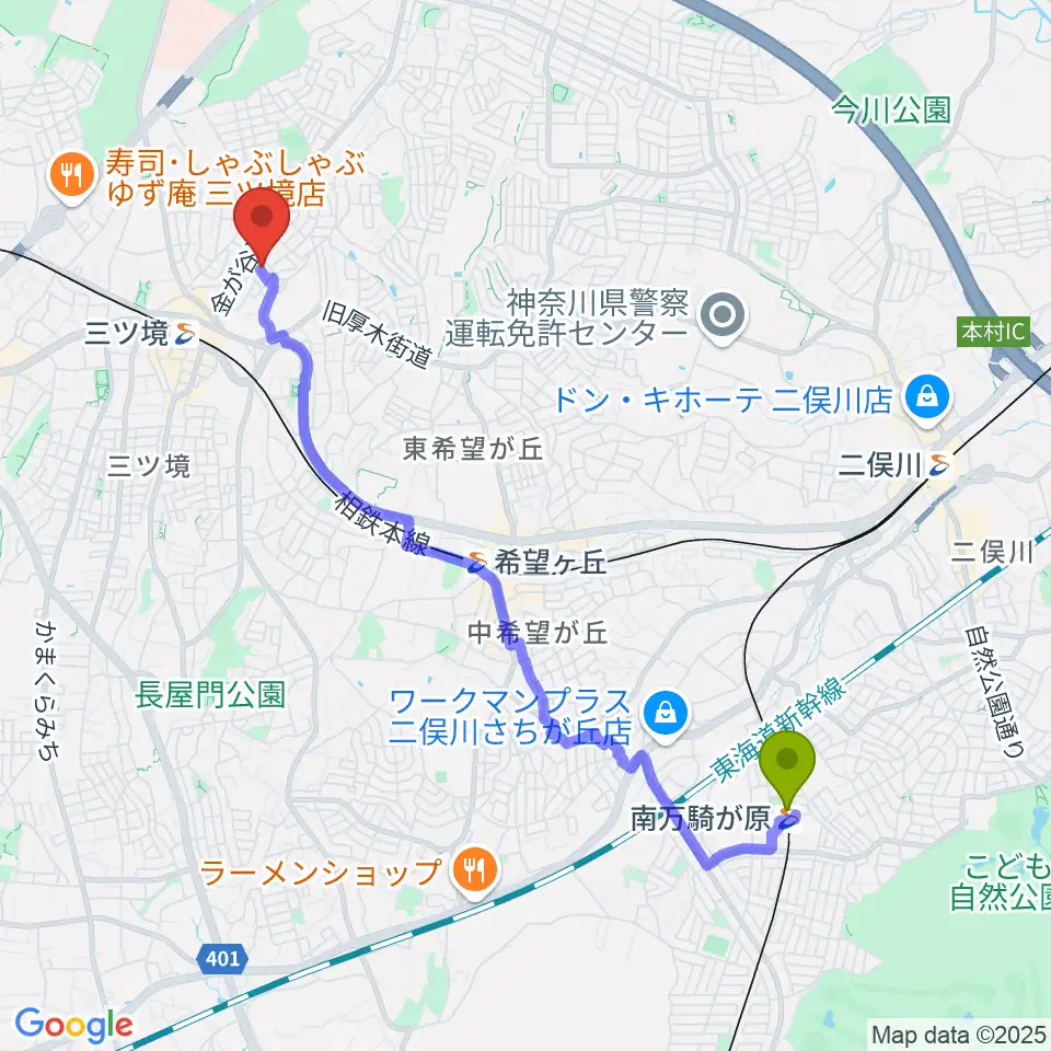 南万騎が原駅から笹野台音楽堂へのルートマップ地図