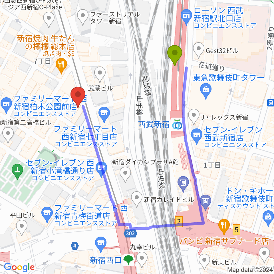 レッドリングレコードの最寄駅西武新宿駅からの徒歩ルート（約3分）地図