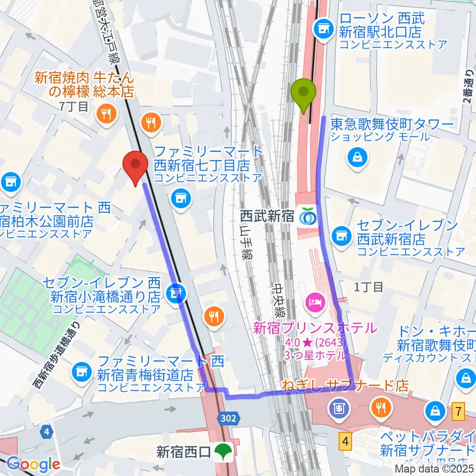 レッドリングレコードの最寄駅西武新宿駅からの徒歩ルート（約3分）地図