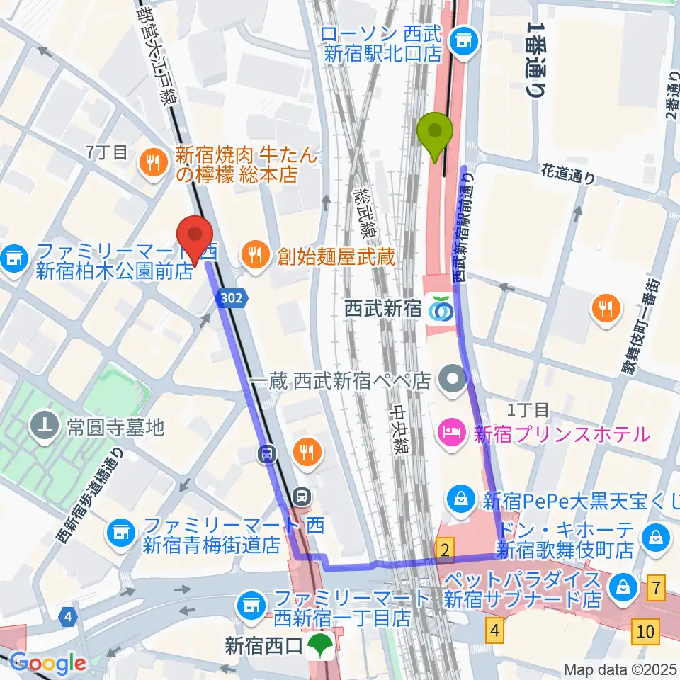 レッドリングレコードの最寄駅西武新宿駅からの徒歩ルート（約3分）地図