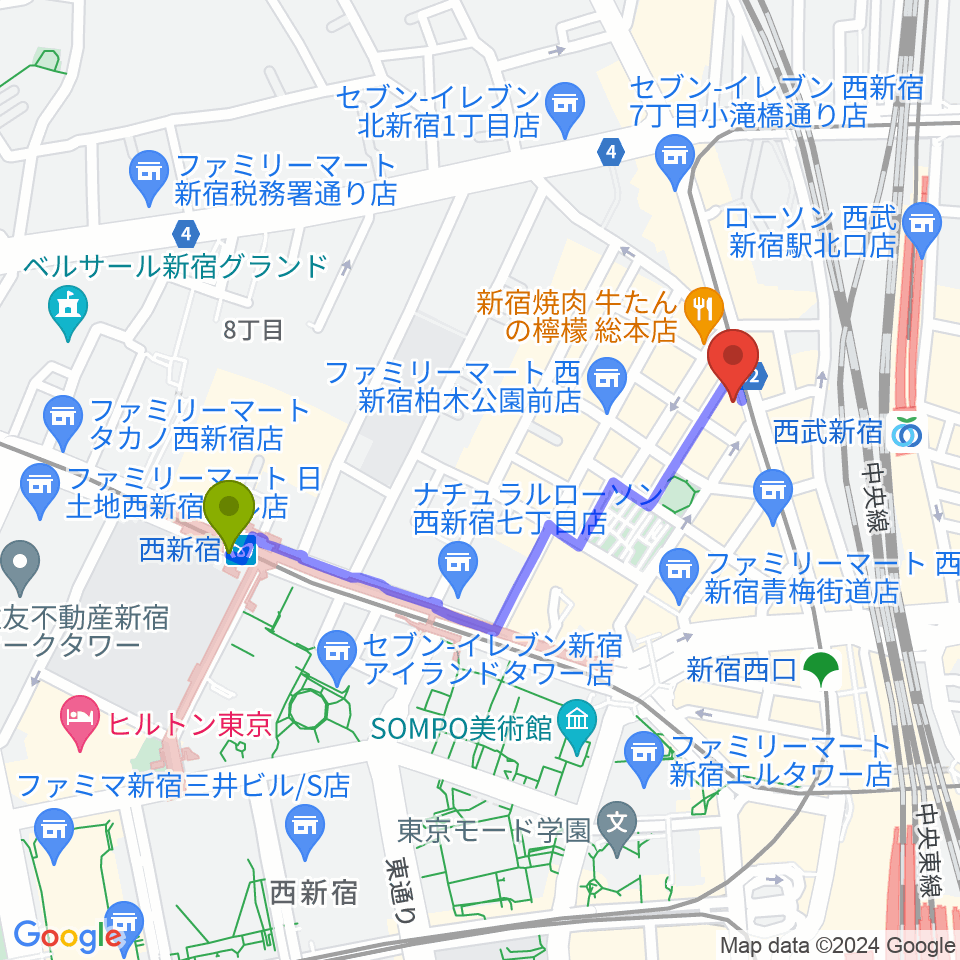 西新宿駅からレッドリングレコードへのルートマップ地図