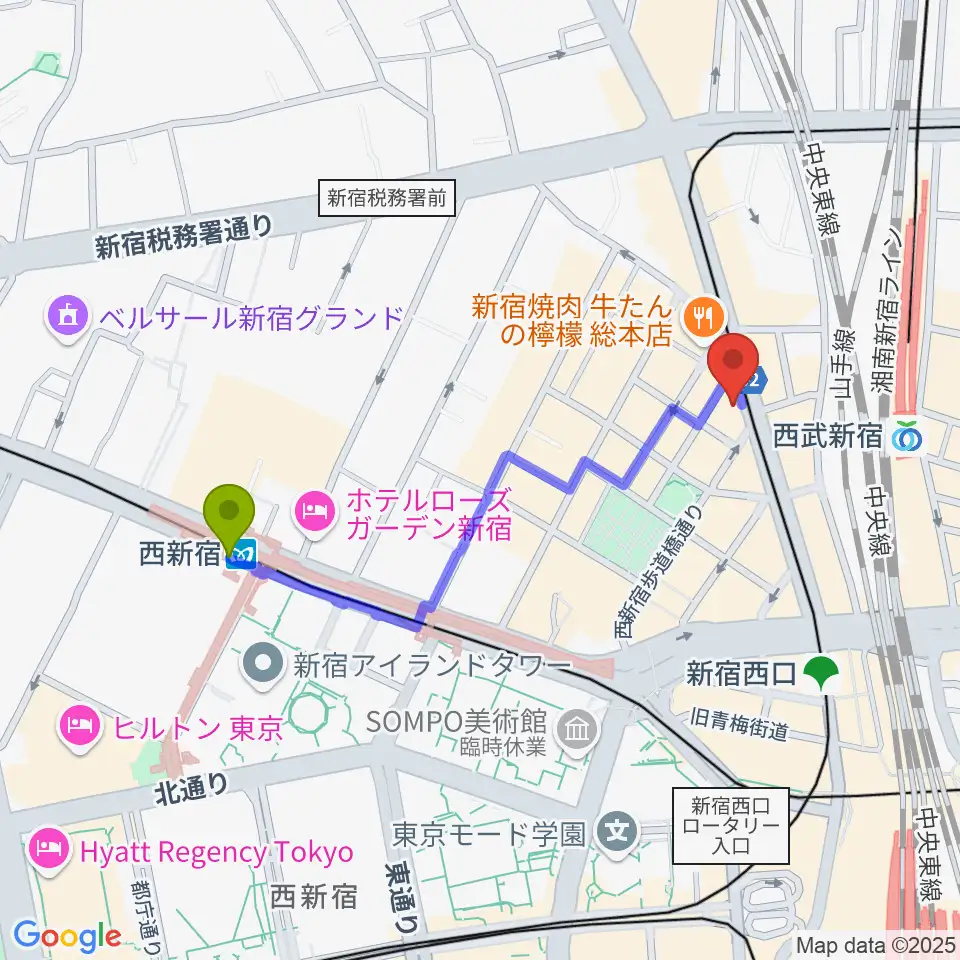 西新宿駅からレッドリングレコードへのルートマップ地図