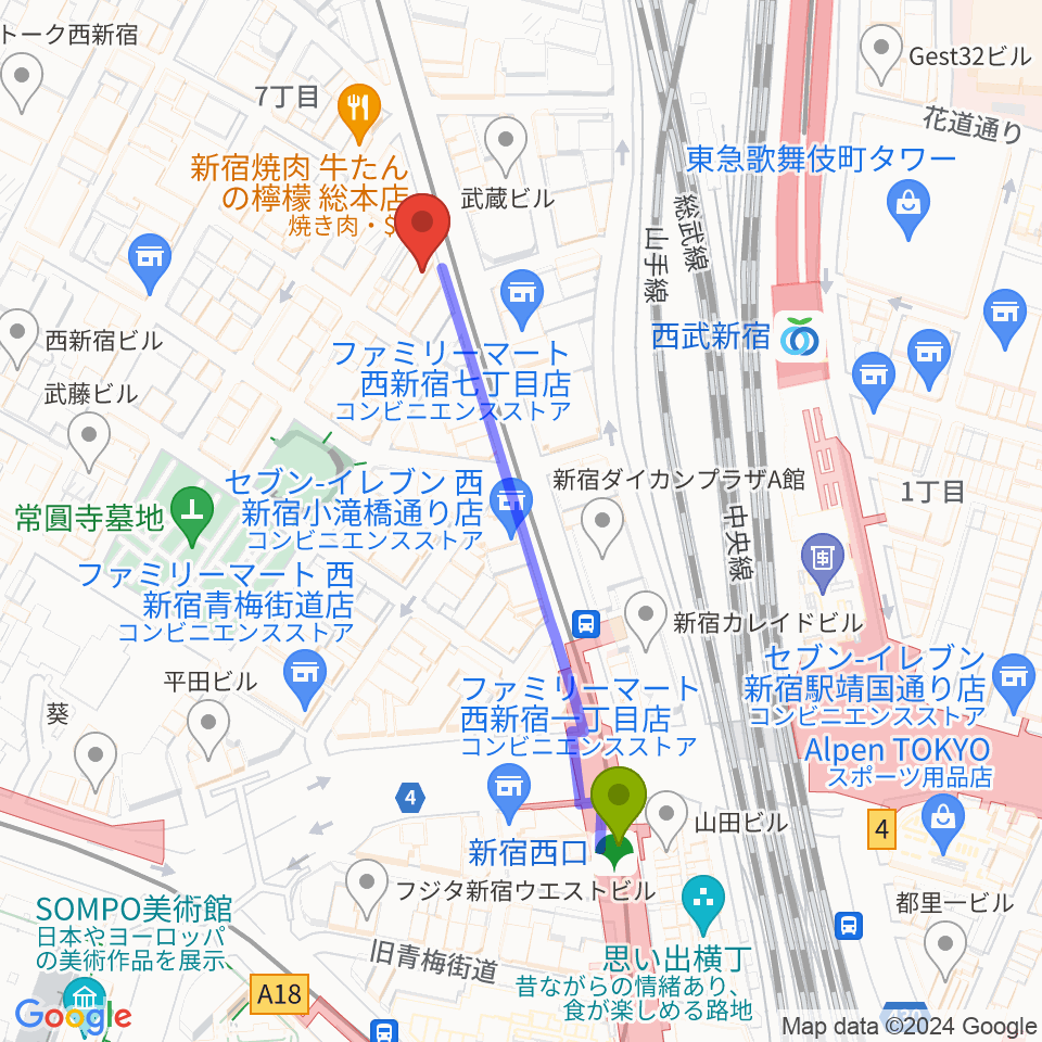 新宿西口駅からレッドリングレコードへのルートマップ地図