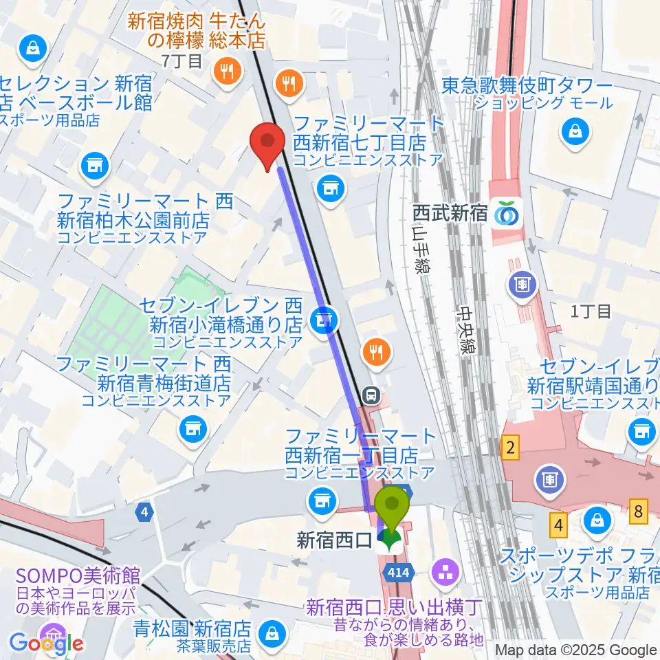 新宿西口駅からレッドリングレコードへのルートマップ地図