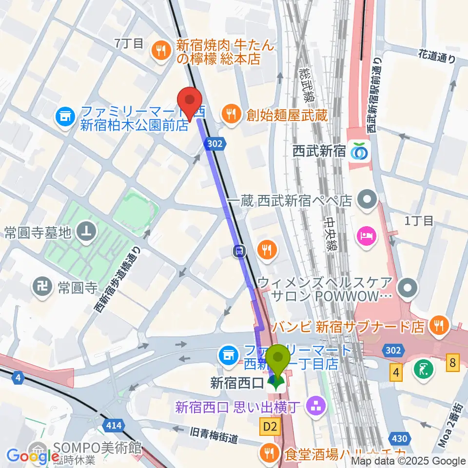 新宿西口駅からレッドリングレコードへのルートマップ地図