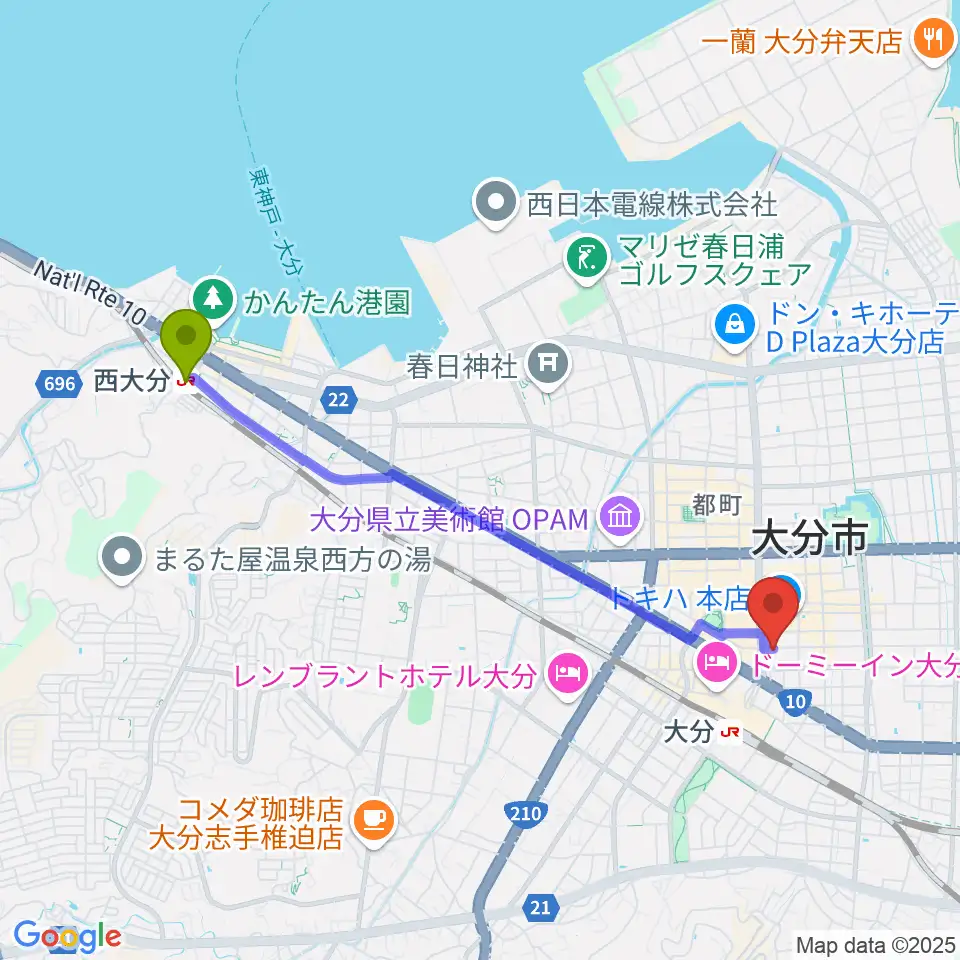 西大分駅から大分BackStageへのルートマップ地図