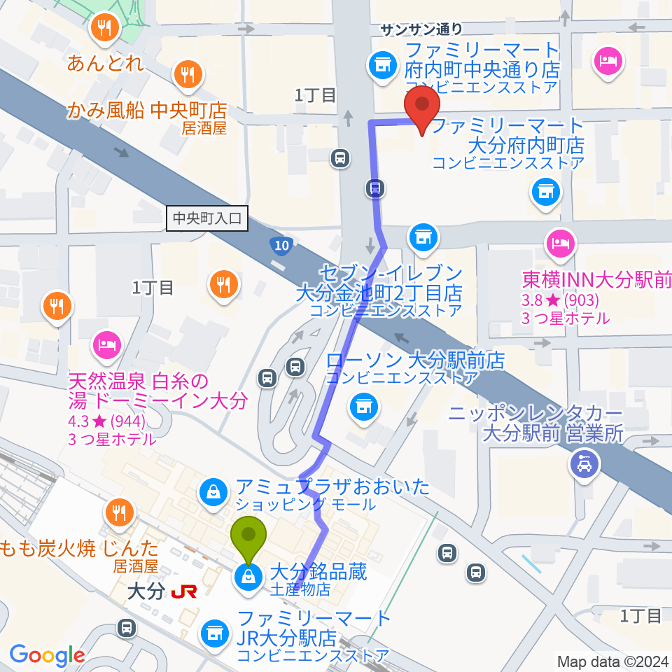 大分BackStageの最寄駅大分駅からの徒歩ルート（約6分）地図