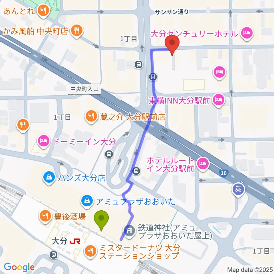 大分BackStageの最寄駅大分駅からの徒歩ルート（約6分）地図